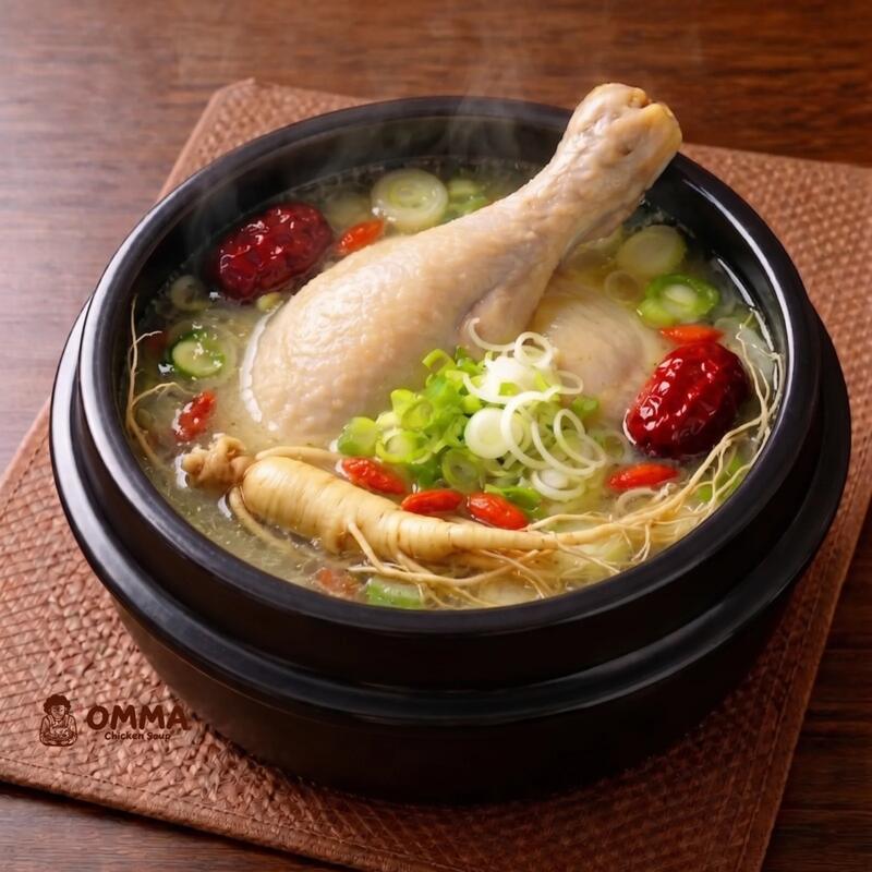 Ginseng OMMA, Korean chicken soup in a black stone pot